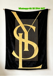 Yves Saint Laurent YSL Black and Gold Art Deco Logo Printed Fleece Throw Blanket IMG_3200
